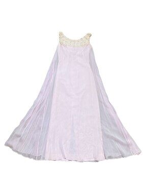 Vtg Nadine 1950s Pink Chiffon Taffeta Maxi Dress Sz S Embroidered Daisies Womens